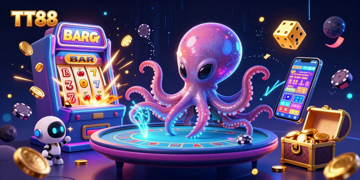 Play exciting casino games at TT88, featuring a colorful cosmic scene with an alien octopus hosting a poker table.