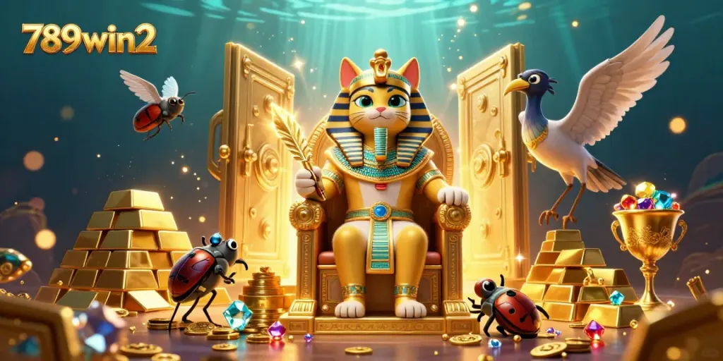 Experience the vibrant theme of 789win2, featuring a dynamic pharaoh cat illustration amidst treasures.