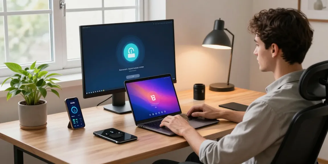 快连 VPN user in a modern home office accessing a secure, fast network connection with multiple devices.