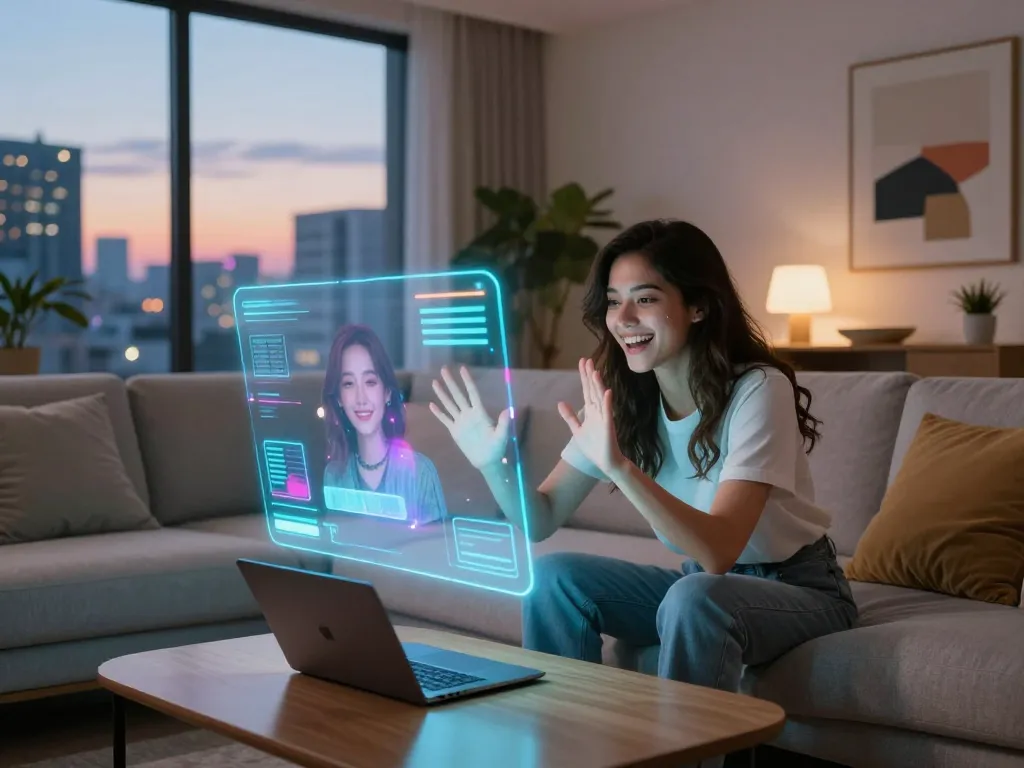 Engaging with an AI gf in a futuristic living room, showcasing emotional connection and advanced technology.