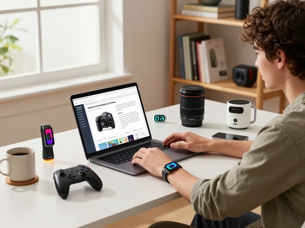 Affordable tech gadgets showcased in a modern workspace with innovative devices and engaging atmosphere.