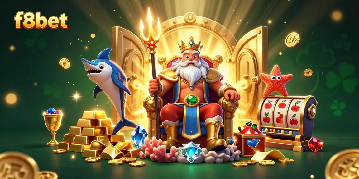 Win big with f8bet's treasure-filled 3D casino adventure featuring Neptune and slot game elements.