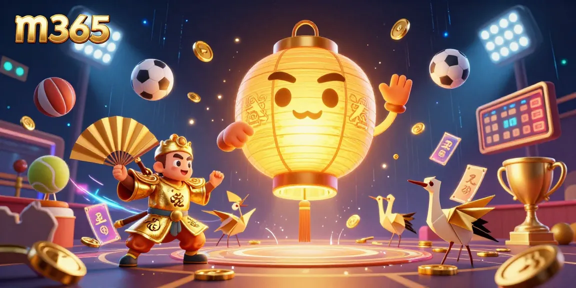 Experience thrilling gaming action with m365 in this vibrant, dynamic casino illustration featuring sports and lucky symbols.
