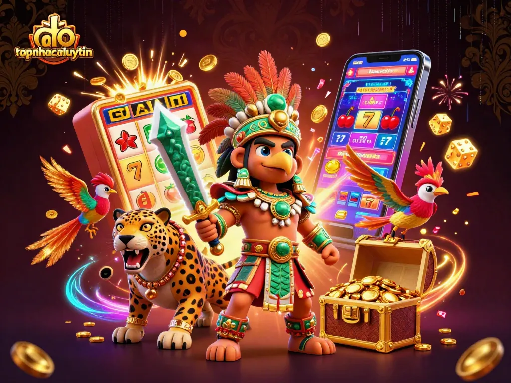 Spin the reels with topnhacaiuytin as an Aztec warrior and jaguar celebrate a casino jackpot.