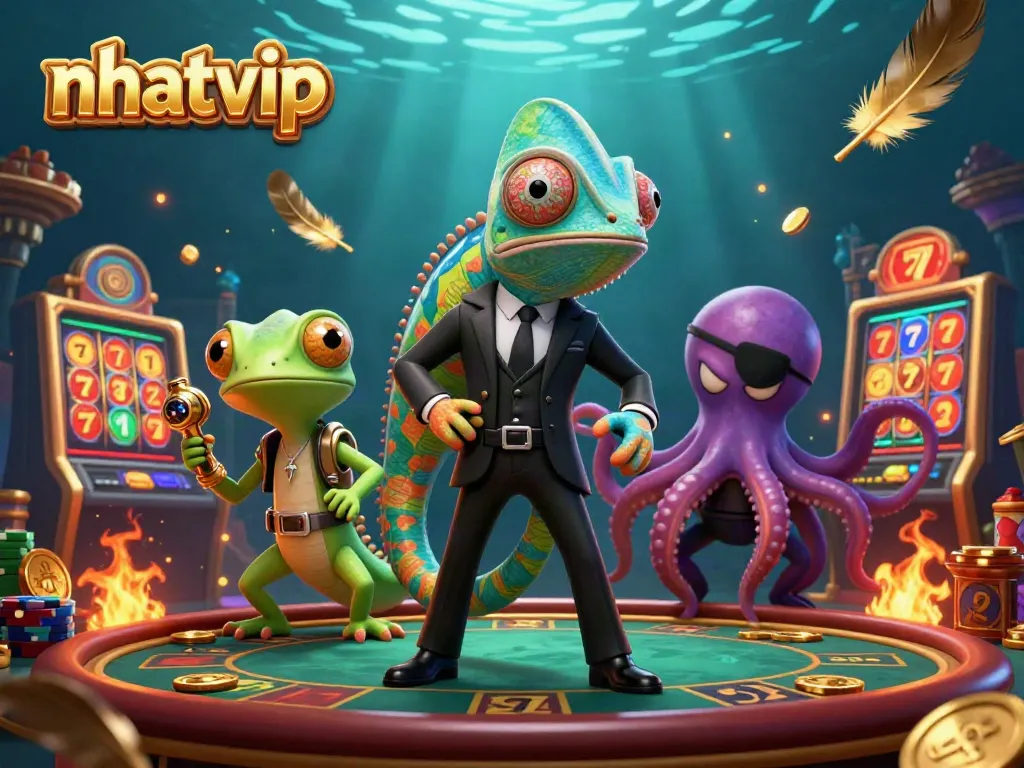 NhatVIP casino gaming scene with colorful characters and dynamic elements.