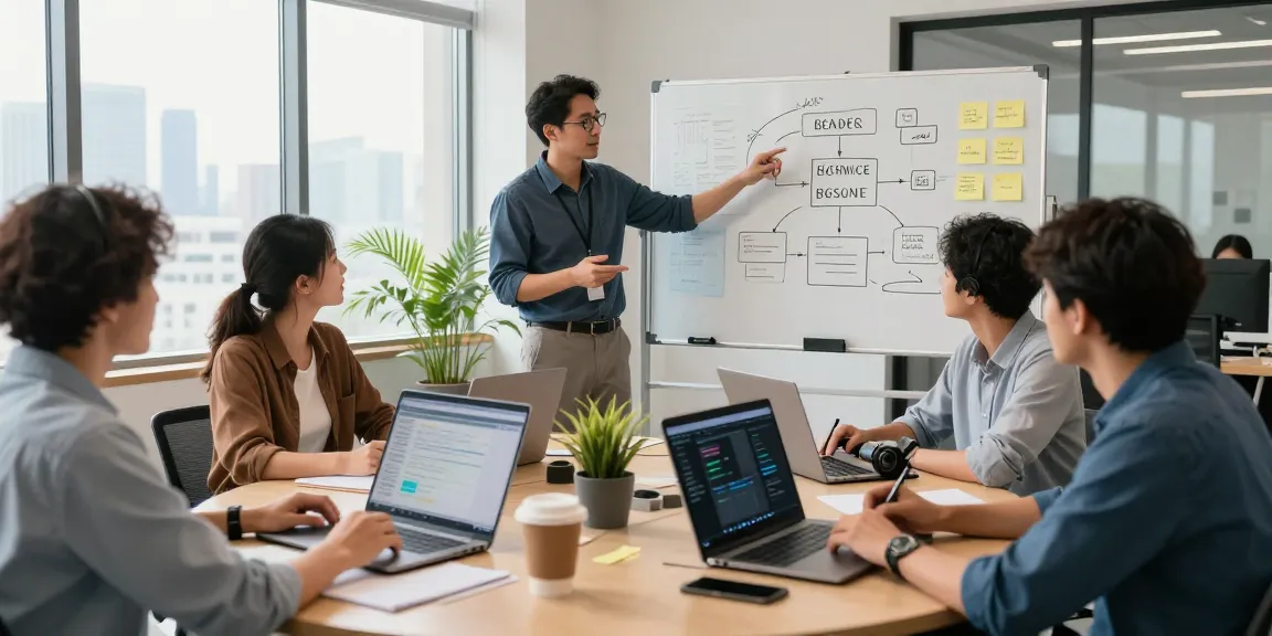 Professional IT support for small businesses team collaborating in a modern office, showcasing active teamwork and technology strategy.