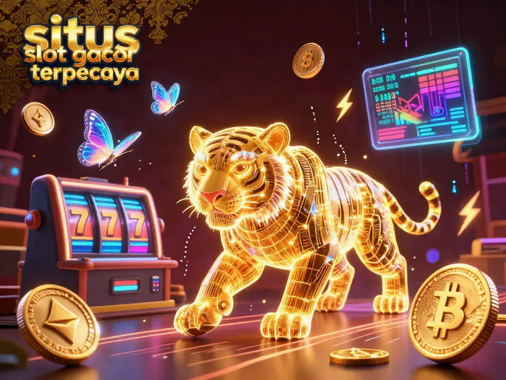 Simplify gameplay with situs slot gacor terpercaya, featuring a neon tiger and digital coins in a vibrant casino scene.