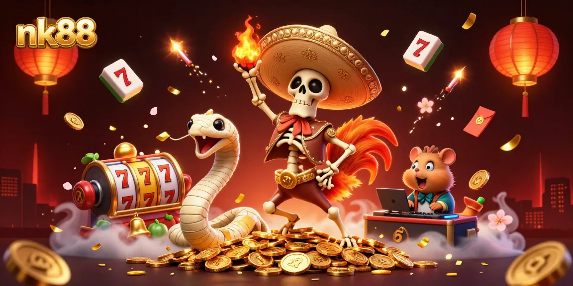 Join the fun at nk88 with a vibrant 3D casino scene showcasing characters dancing on golden coins.