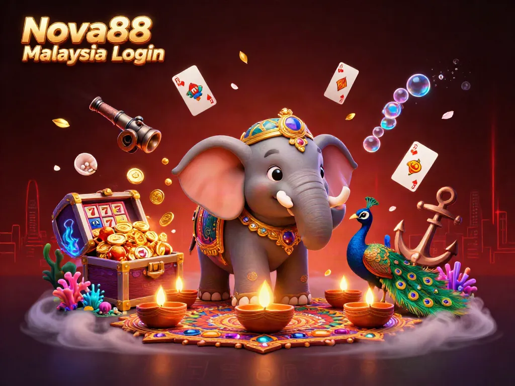 Engage with Nova88 Malaysia Login through vibrant casino-themed illustration featuring an elephant and peacock.