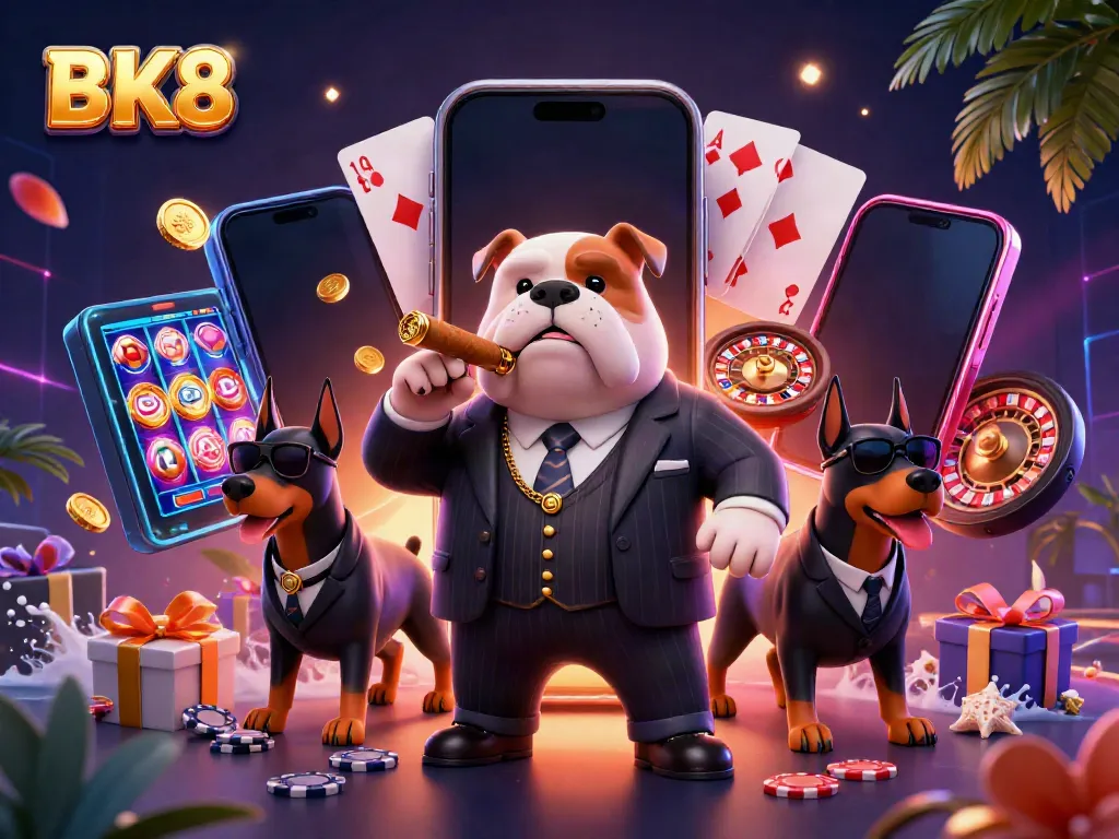Experience the thrill of BK8 with vibrant casino action featuring the mafia boss and Doberman bodyguards.