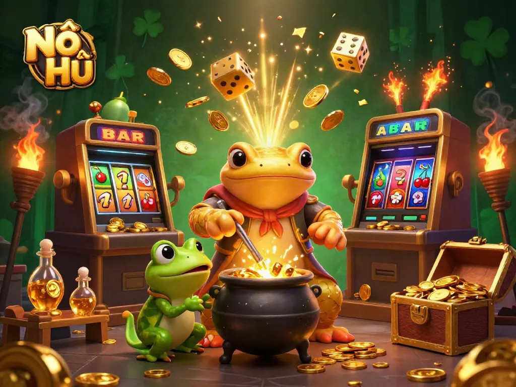 Nổ Hũ showcases an illustrated scene of a golden salamander alchemist creating gold coins, surrounded by a vibrant, casino-themed environment.