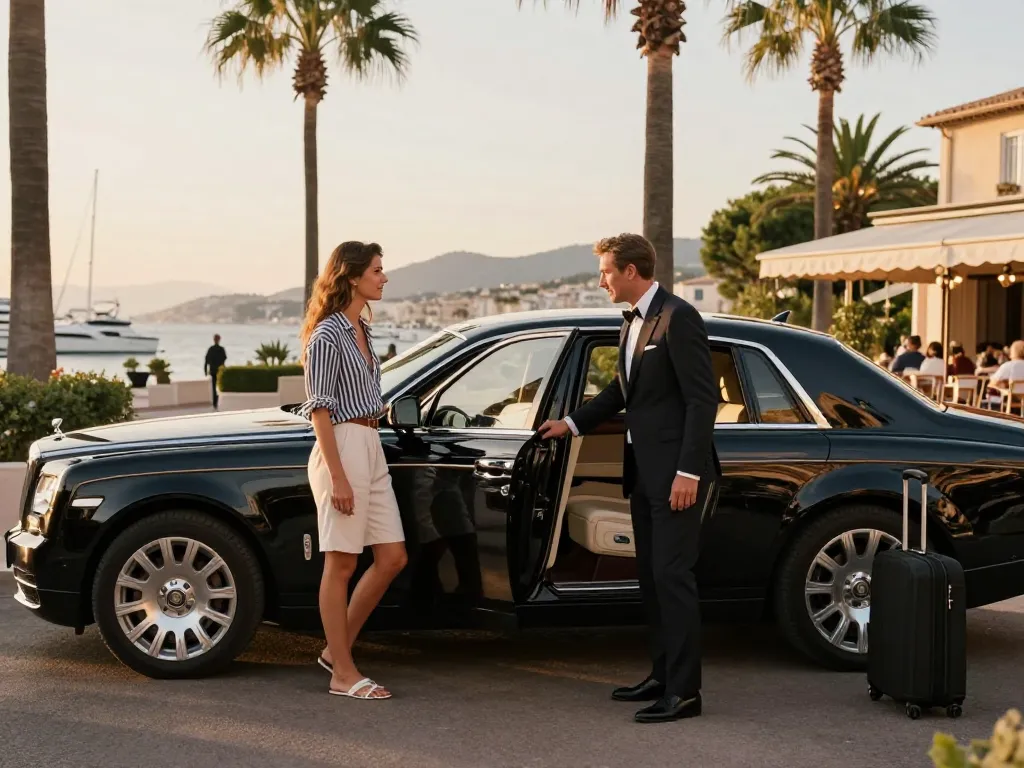 Service de transport de luxe Taxi Saint-Tropez avec un couple élégant et un chauffeur à Saint-Tropez.