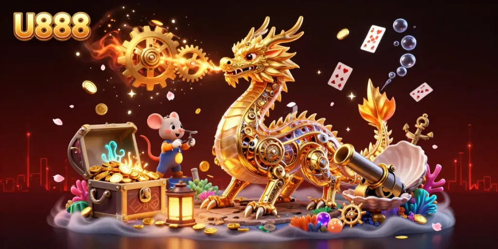 Experience the thrilling gaming atmosphere with U888, where golden dragon and treasures collide in a casino adventure.