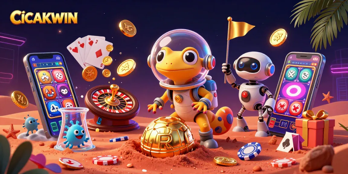 CICAKWIN showcases a colorful slot game explosion from a smartphone, alongside a Martian gecko in a retro suit, enhancing gaming excitement.