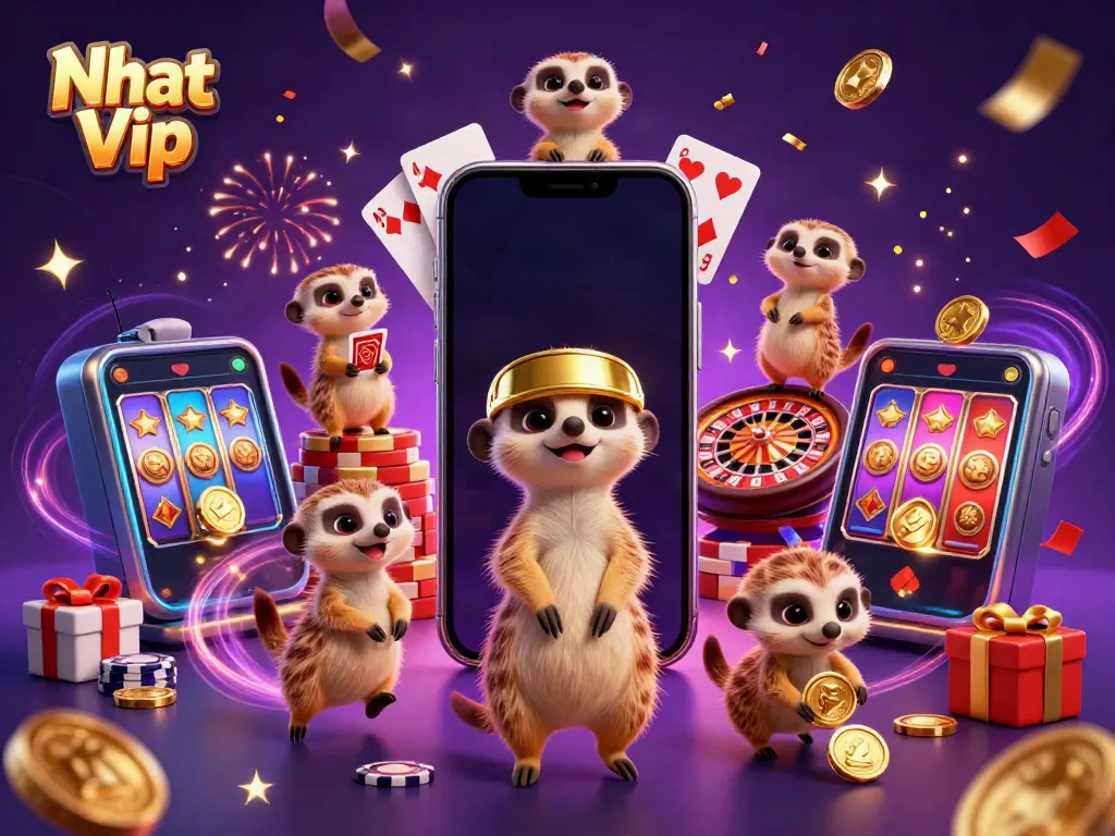 Nhat Vip meerkats gambling in an online casino with vibrant gaming elements and festive atmosphere.