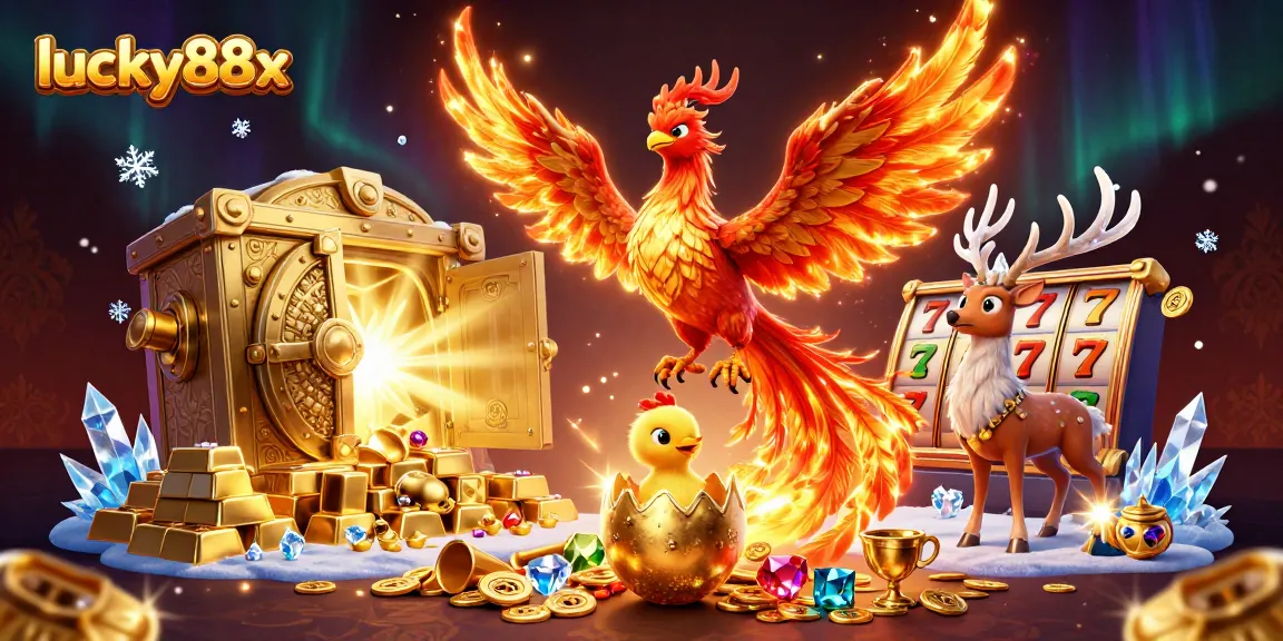 Spin to win with lucky88x as an enchanting phoenix hatches amidst treasures and slot reels.