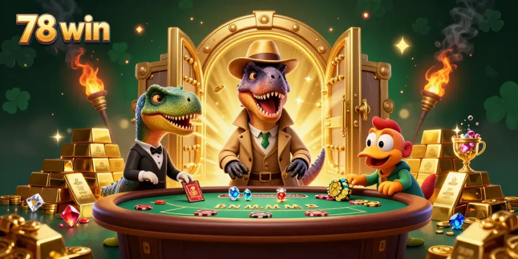 Experience the excitement of 78 win with a daring velociraptor at the blackjack table surrounded by treasures.