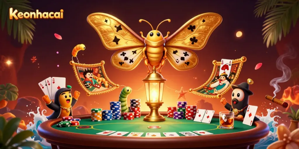 Engage in thrilling casino action with keonhacai's stunning 3D illustration depicting an atlas moth and poker elements.