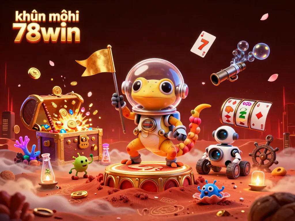 Experience khuyến mãi 78win with a Martian gecko exploring a vibrant casino scene full of gold and excitement.