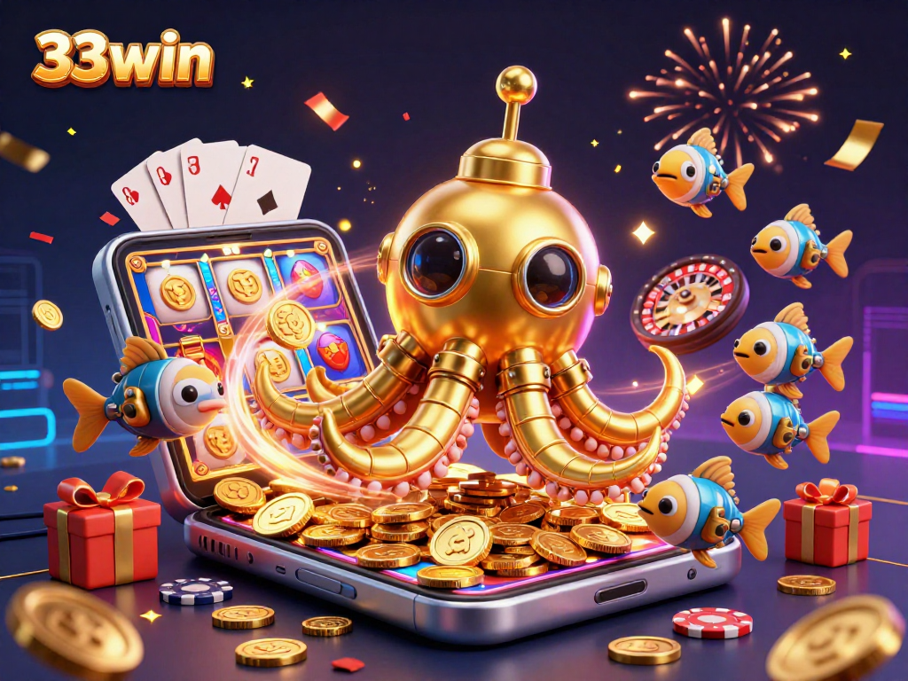 Join the excitement at 33win with spinning reels, poker chips, and golden treasure.