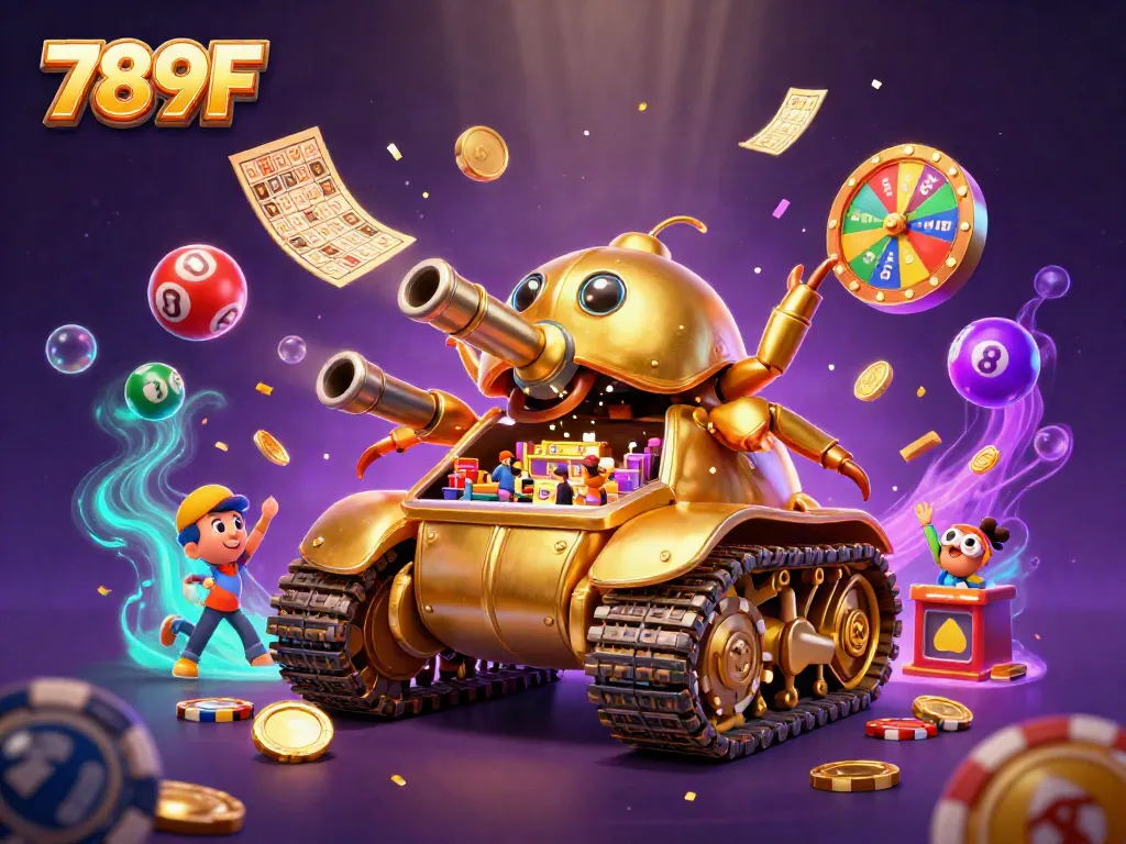 Experience the thrilling charm of 789F with vibrant lottery and casino elements in this engaging 3D scene.