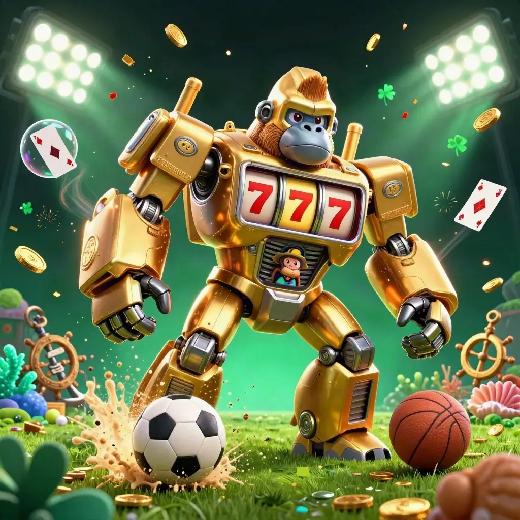 Golden gorilla mech with monkey pilot, balls and casino treasures exploding in neon spray.
