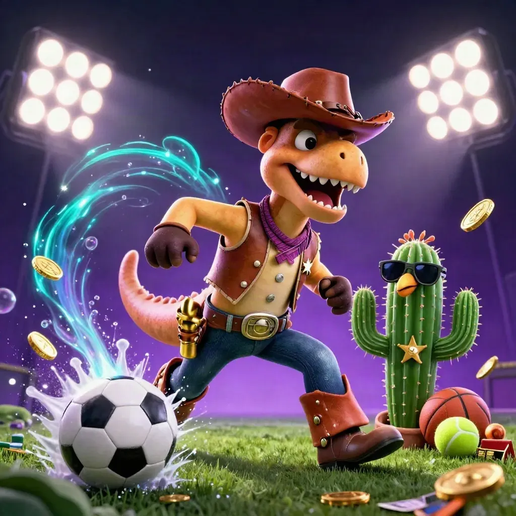 Ground-level neon casino key art with cowboy T-Rex, cactus, and roadrunner amid flying sports gear.