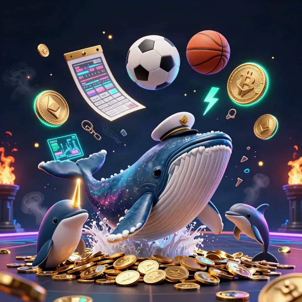Whale captain, narwhal, and dolphins burst through coins with crypto glow and sports balls.