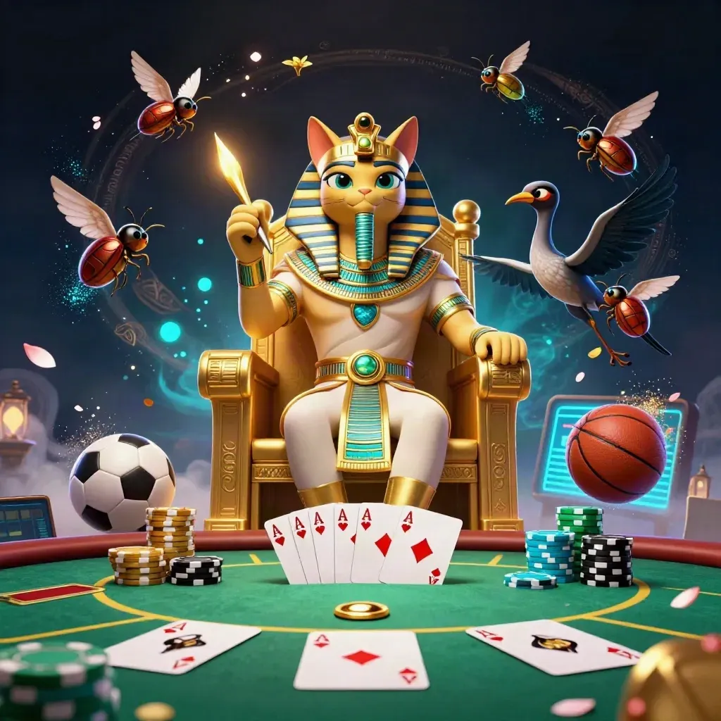 Pharaoh cat casino throne with poker chips, scarabs, cards, soccer ball, and cyan-gold haze.