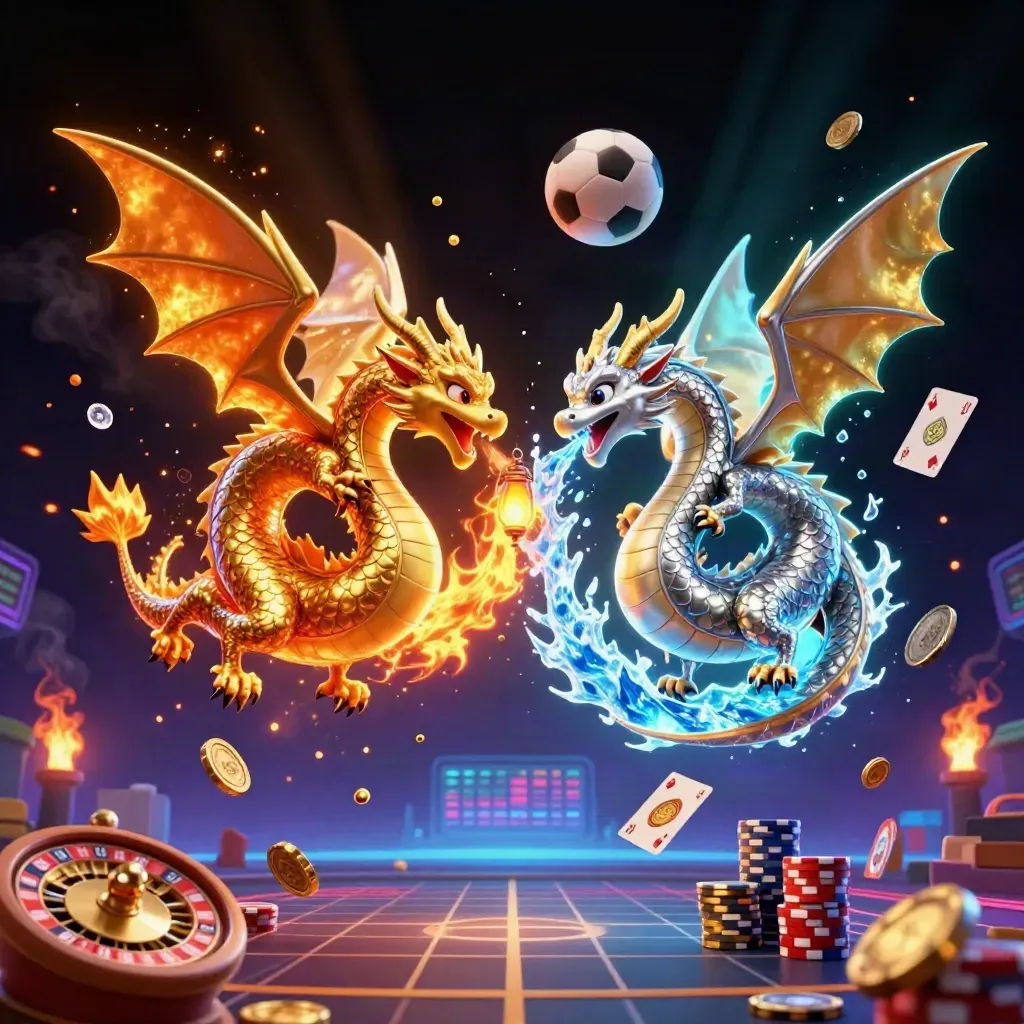 Gold and silver dragons clash midair amid casino icons, neon haze, and flying sports balls.