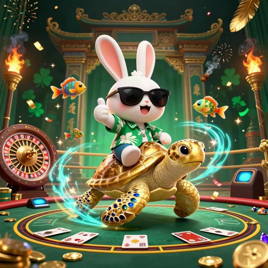 Lucky rabbit rides a golden sea turtle in a luxe casino room with coins, sparks, and neon glow