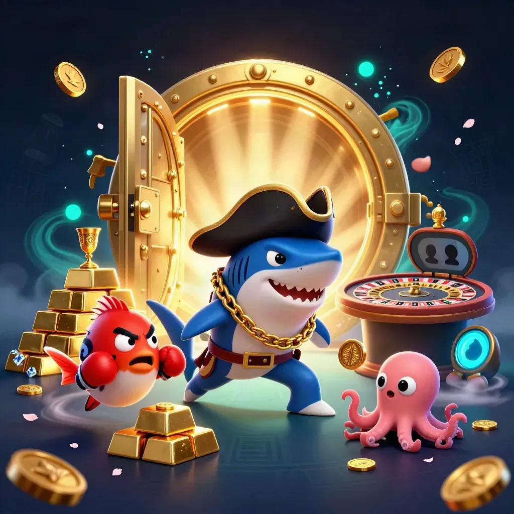 Shark pirate, red pufferfish boxer, and octopus juggling coins in a glowing vault of gold and gems.