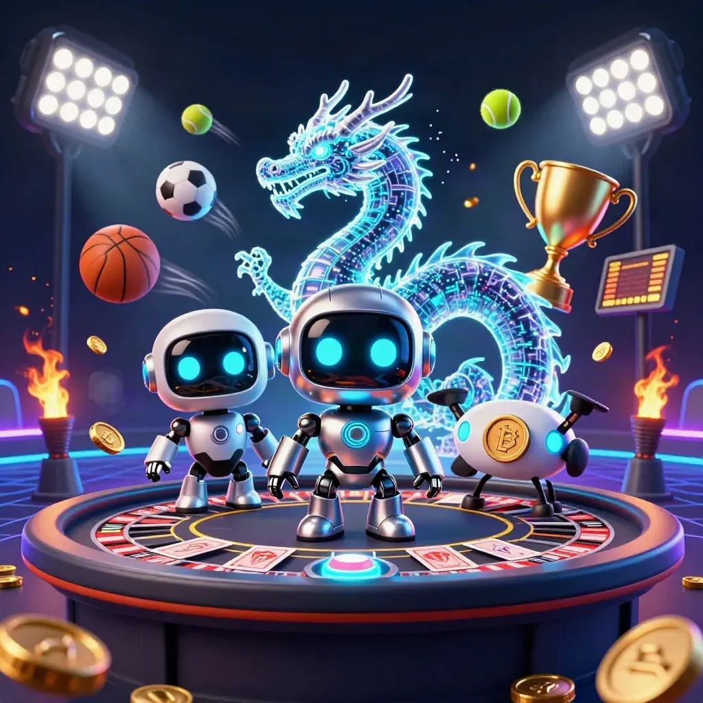 Cyberpunk robot, AI dragon, and drone amid casino lights, coins, sports balls, and roulette