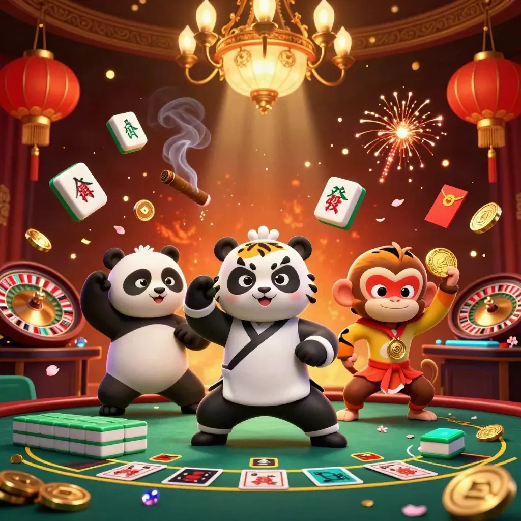 Tiger, panda and monkey in a jewel-toned casino hall with glowing game props and gold light.