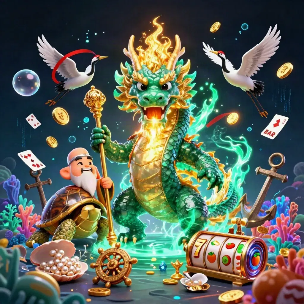 Jade dragon, turtle sage, and cranes amid treasure cove bursts of gold and cyan energy