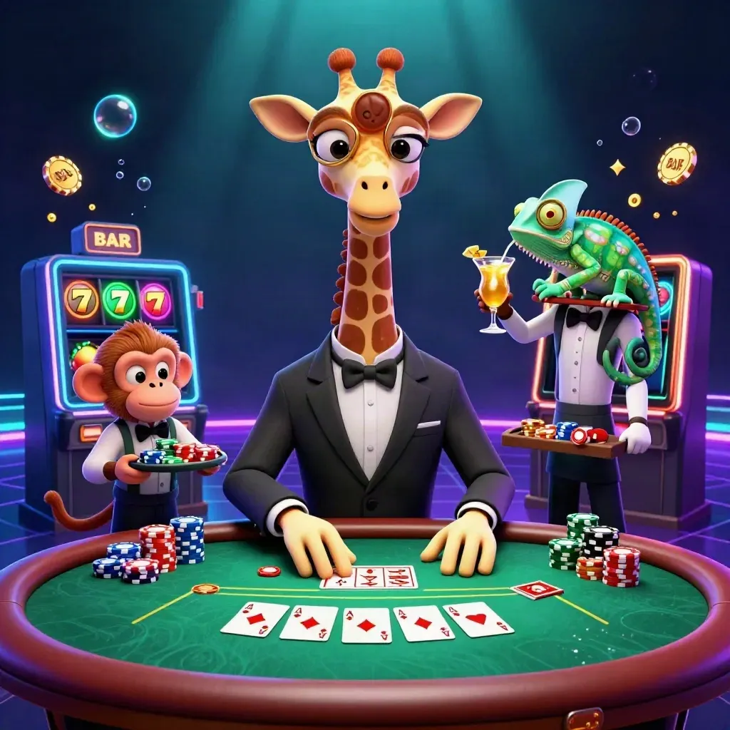 Giraffe, monkey, and chameleon at a glowing VIP poker table with chips and treasure effects.