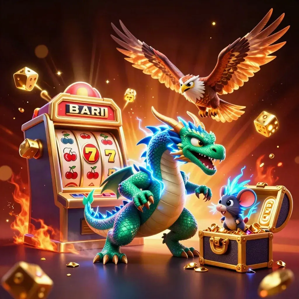 Thunder dragon, wind hawk and static mouse burst from a jackpot slot machine amid gold sparks.