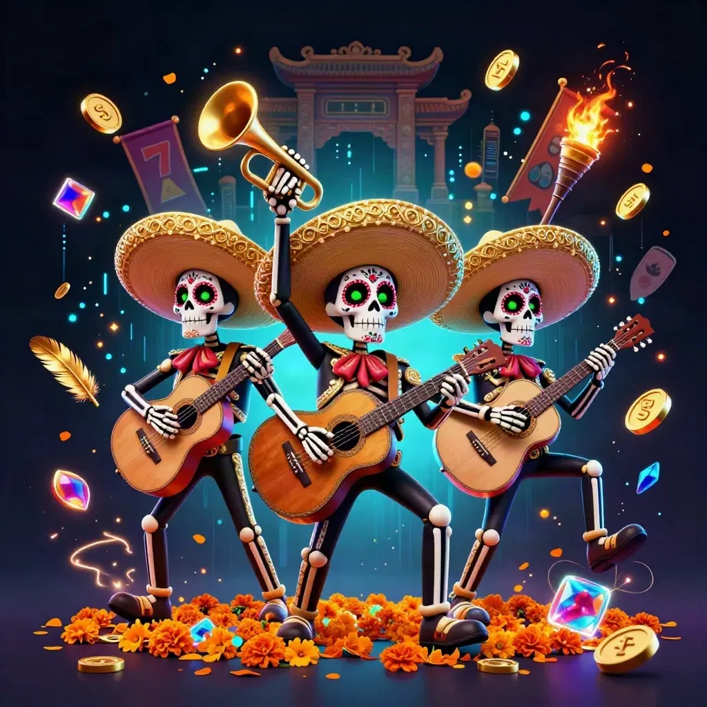 Skeleton mariachi trio in cyan casino chaos with coins, temple gate, and neon sparks
