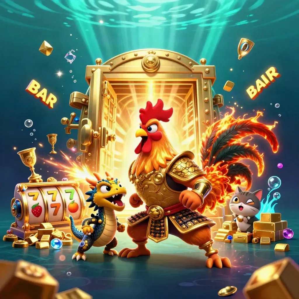 Rooster warrior, dragon hatchling, and fortune cat amid treasure, vault light, gems, and neon underwater glow.