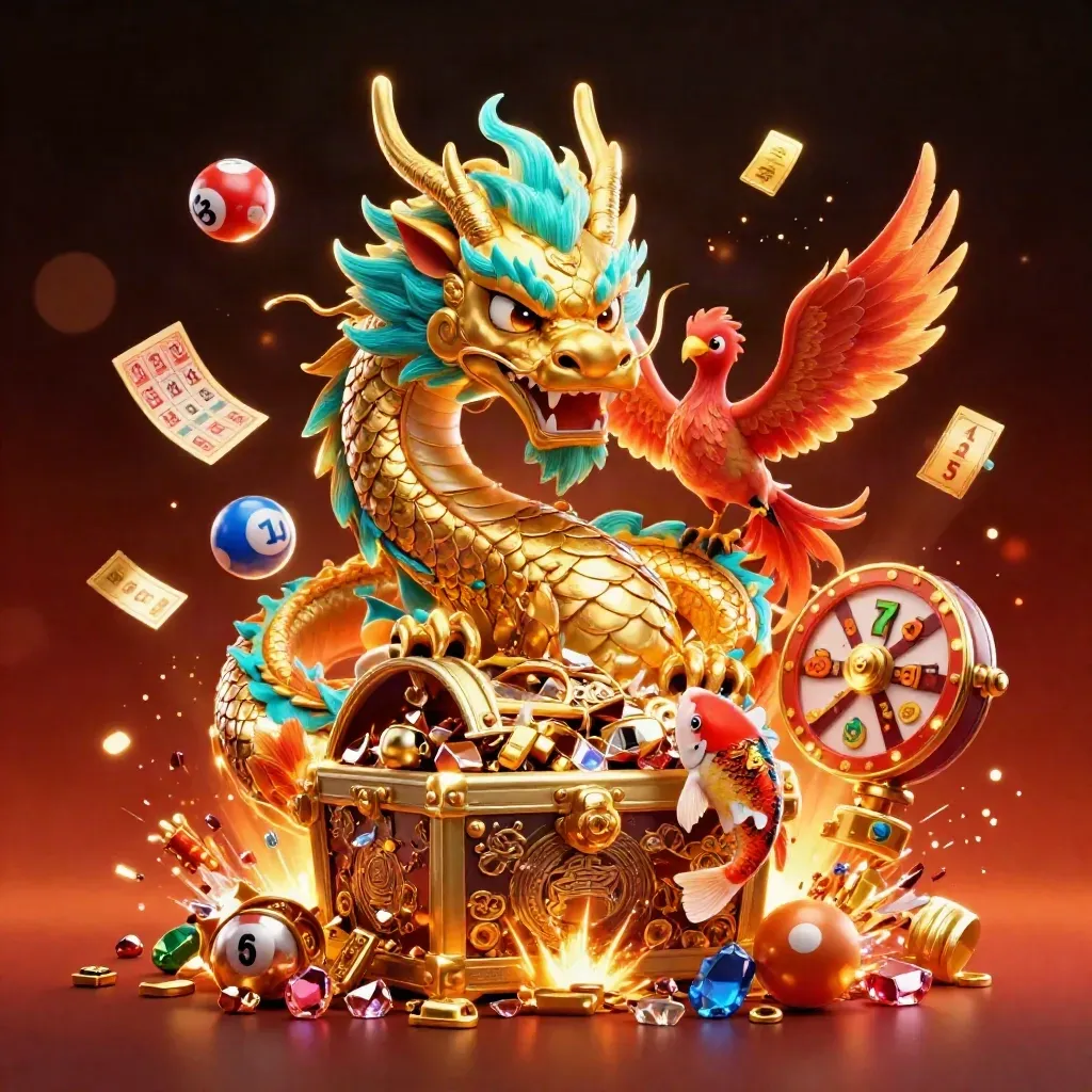 Golden dragon, phoenix, koi, and casino game pieces bursting in cyan-lit treasure.