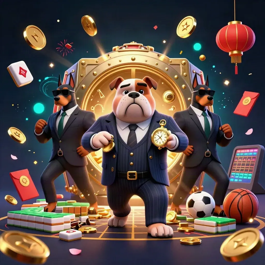 Bulldog boss and two bodyguards celebrate amid coins, fireworks, lanterns, and casino prizes.
