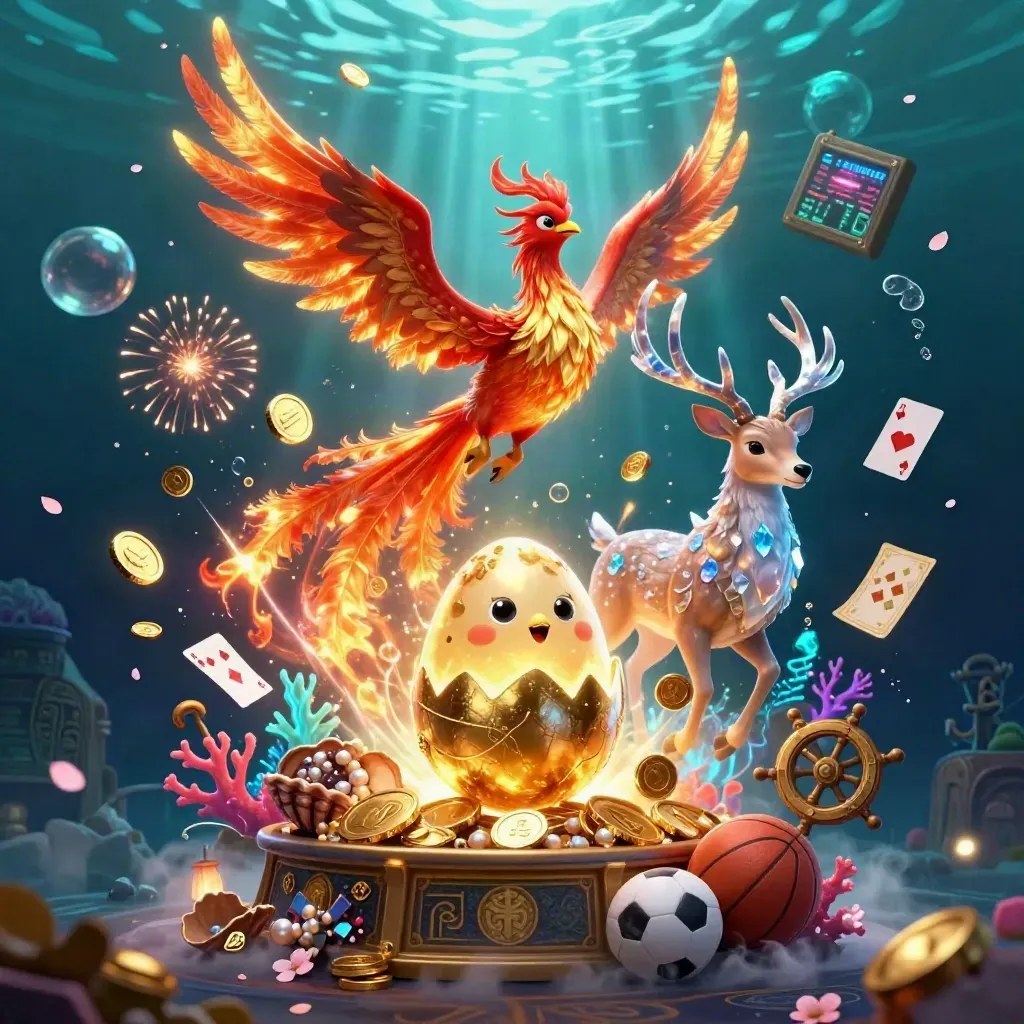 Phoenixes and a crystal stag amid gold coins, coral, and casino treasures in a glowing underwater burst.