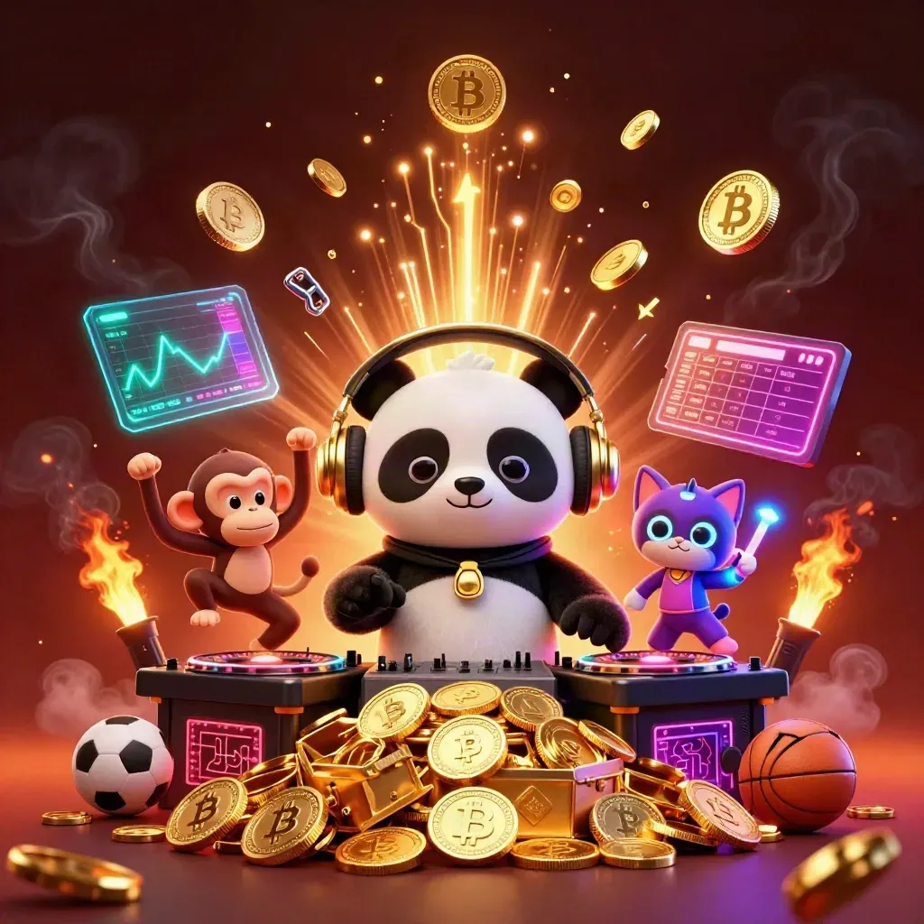 DJ panda, breakdancing monkey, and rave kitten amid casino coins and crypto effects