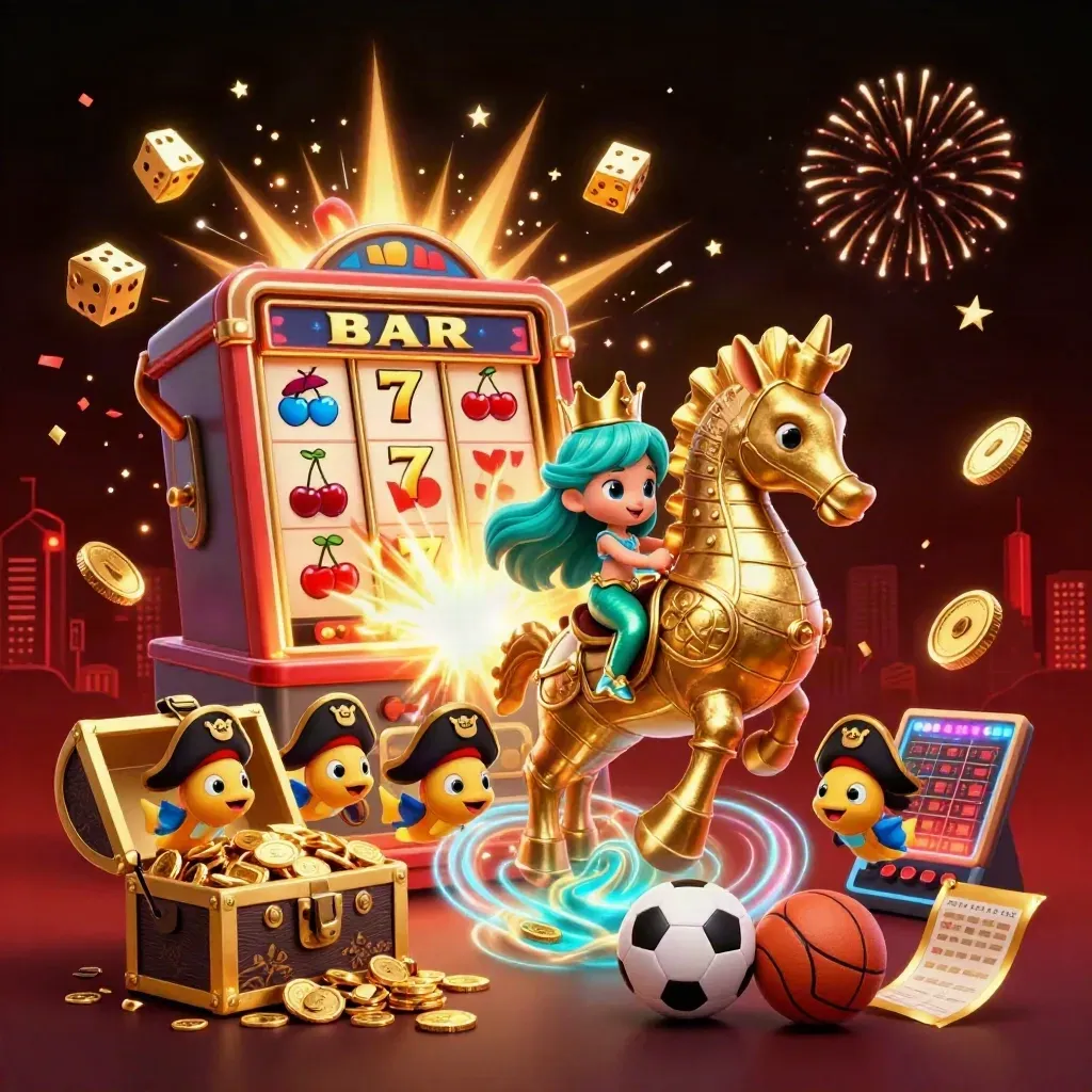 Mermaid princess on armored seahorse amid exploding slots, coins, fireworks, and sports bets.