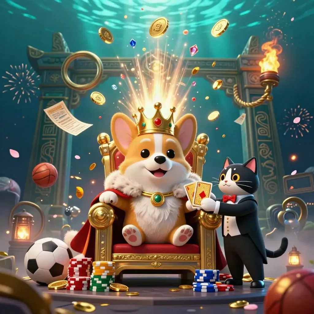 Royal corgi and cat butler amid a vault burst of gold, sports props, and casino magic