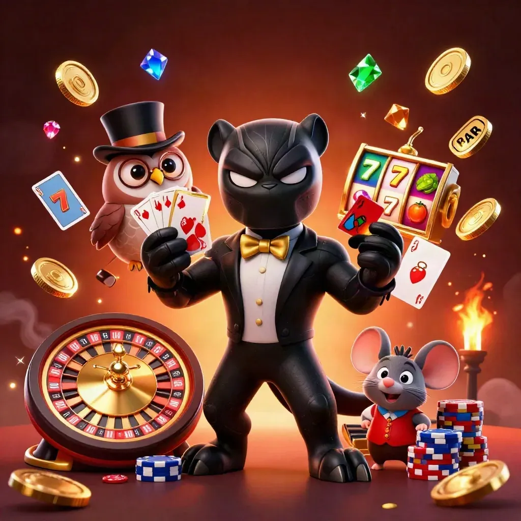 Panther, owl and mouse gamble amid gold coins, chips and reels in a luxe casino burst.