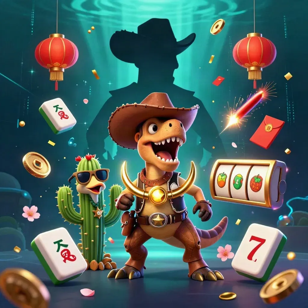 Cowboy T-Rex, cactus and roadrunner in neon casino splash art with gold tiles and jackpots