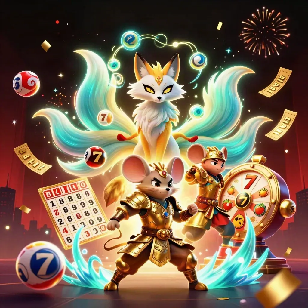 Fox spirit and samurai mouse amid casino prizes, confetti, fireworks, and neon magic.