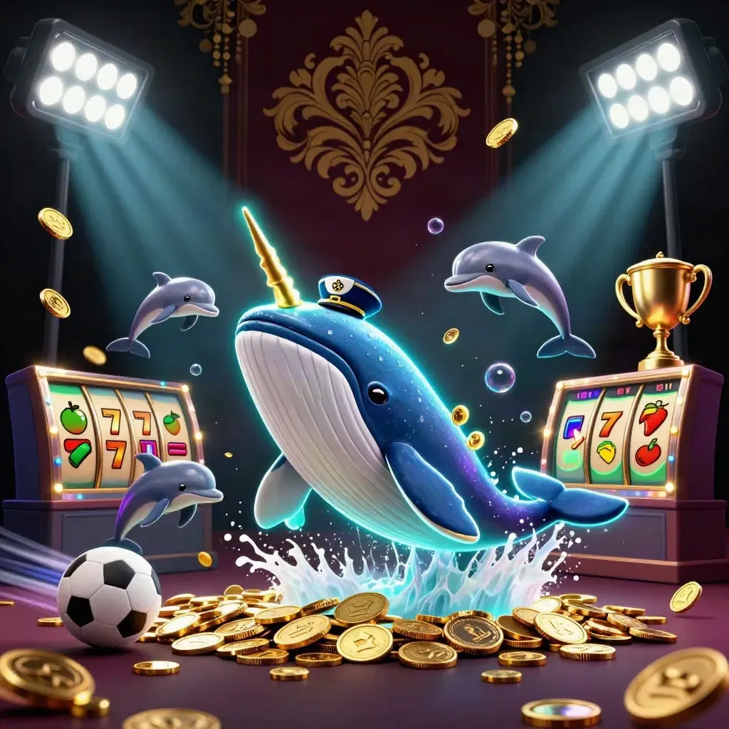 Captain whale, narwhal, and dolphins burst through coins and casino lights.