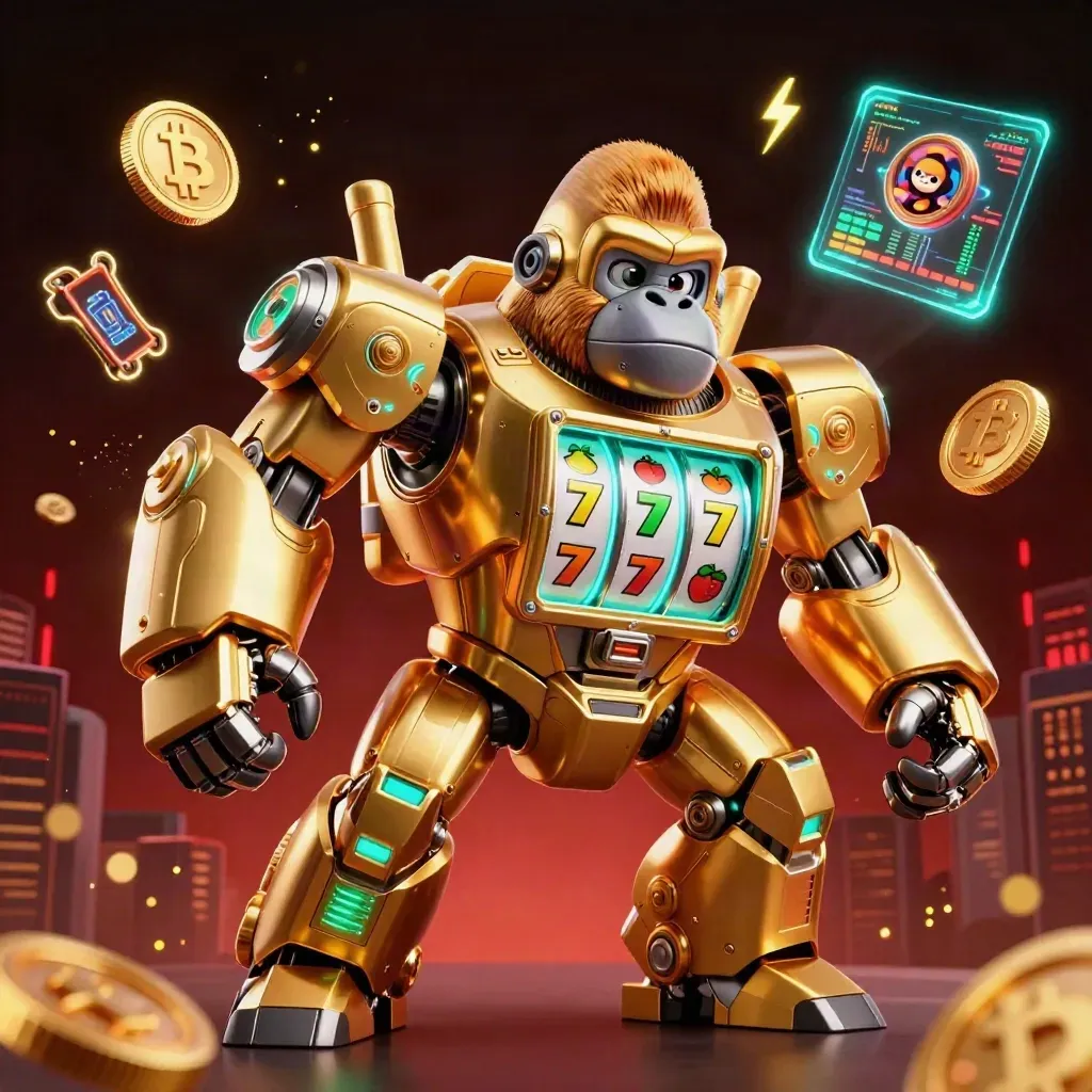 Golden gorilla slot-mech with tiny monkey pilot amid neon coins and casino sparks.